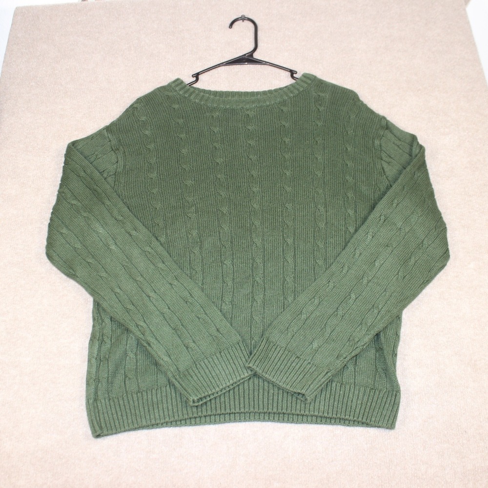 J. Khaki Green Cable Knit Sweater Mens Large Ramie Cotton Crew Neck Pullover
